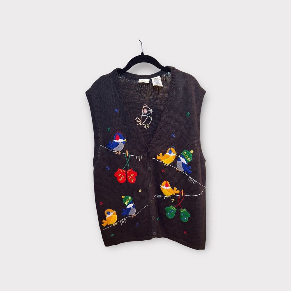 Bobbie Brooks Woman Birds on a Wire Christmas Holiday Sweater Vest Womens XL